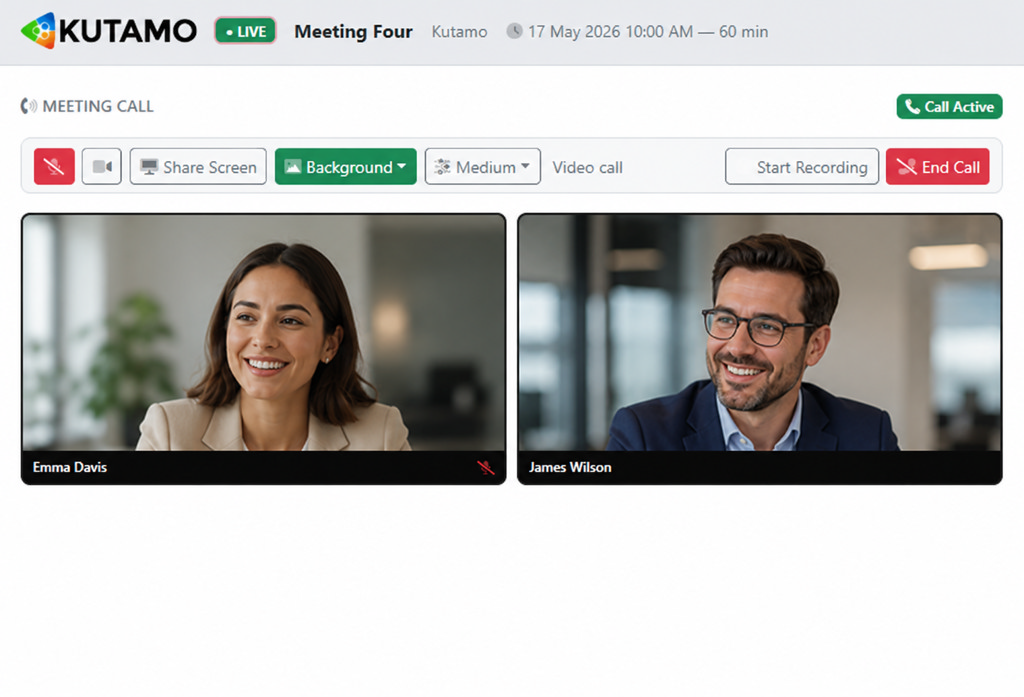 Built-in video call panel beside the agenda - no second tab, no second tool