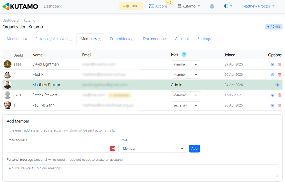 Member profile dialog - avatar, name, email, role, list of shared organisations